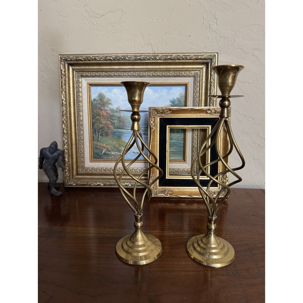 Vintage 1960s-70s Brass Open Spiral Cage Candlestick Holders, Pair‎